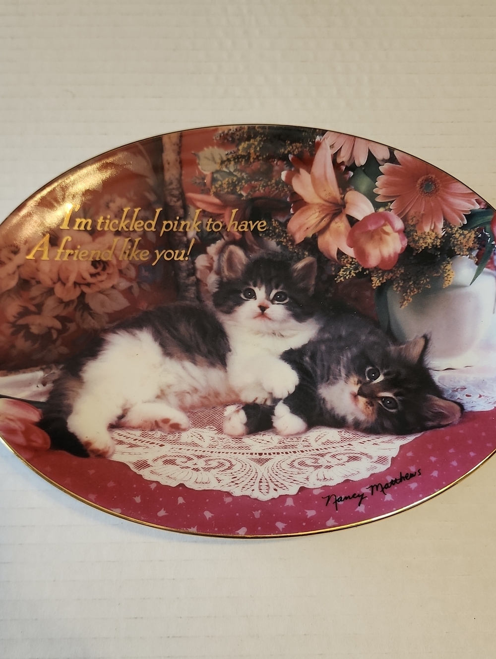 The Franklin Mint I'm Tickled Pink to have A Friend Like You. 2 Kittens On Lace